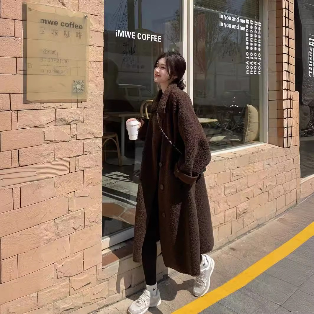Fashion Korean Style Lamb Wool Brown Women's Coat
