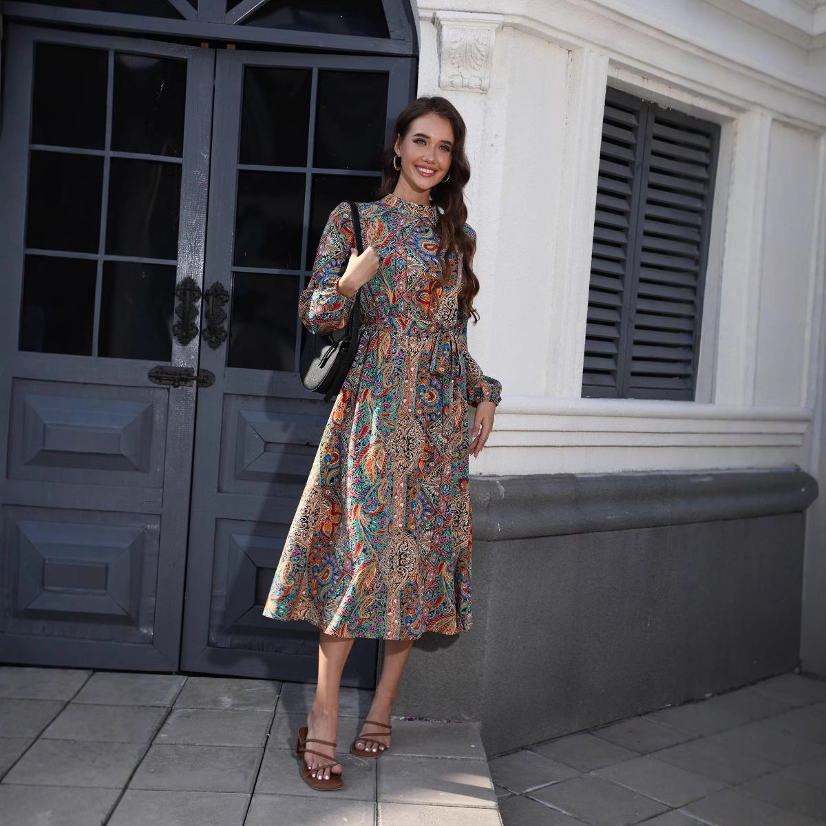 V-neck Smocking Waist-tight Long Printed Dress