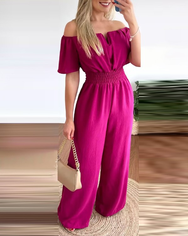 Women's Off-neck Waist Trimming Loose Straight Jumpsuit - Image 37
