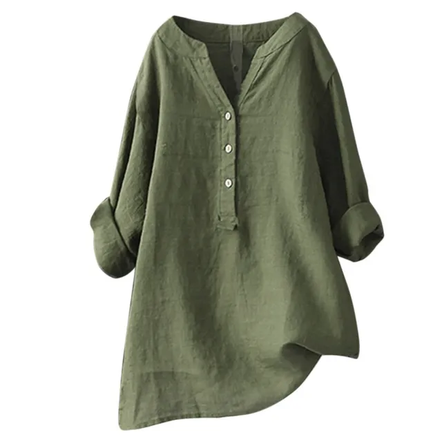 Loose Solid Color Stand Collar Button Long Sleeve Cotton And Linen Top Green - Shop at LoveMi