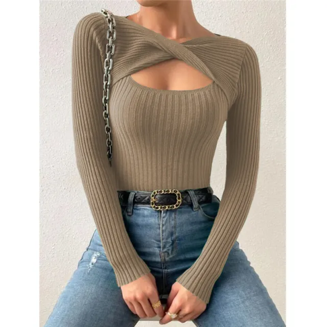 European And American Irregular Hollow Pullover Sweater Khaki - Shop at LoveMi
