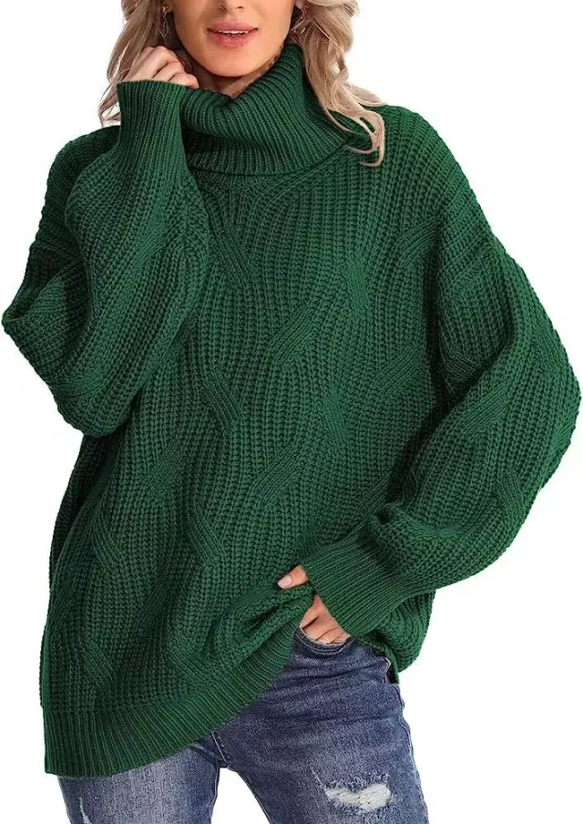 Women's Fashion Loose High Collar Twisted Knitted Sweater Pullover Long Sleeve Green - Shop at LoveMi