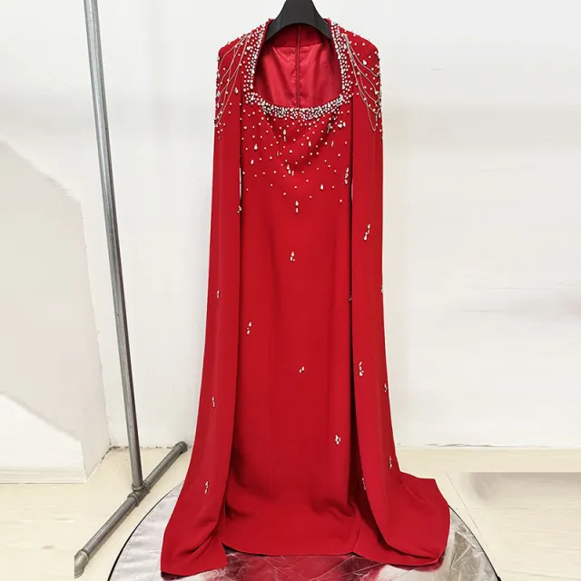 Beaded Lanyard Shawl Sleeve And Floor Long Dress Red - Shop at LoveMi