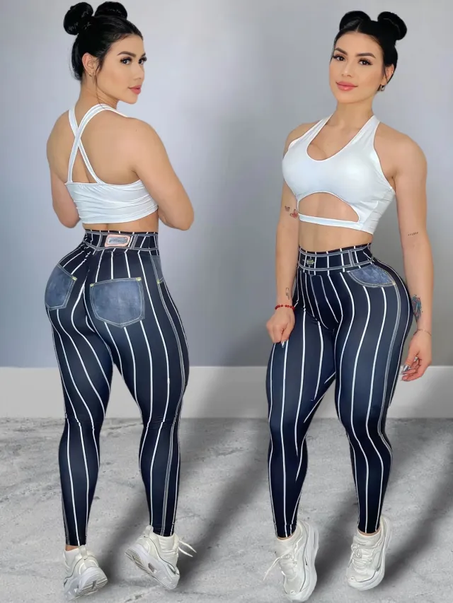 Denim Line Printing High Waist Yoga Pants Navy Blue - Shop at LoveMi