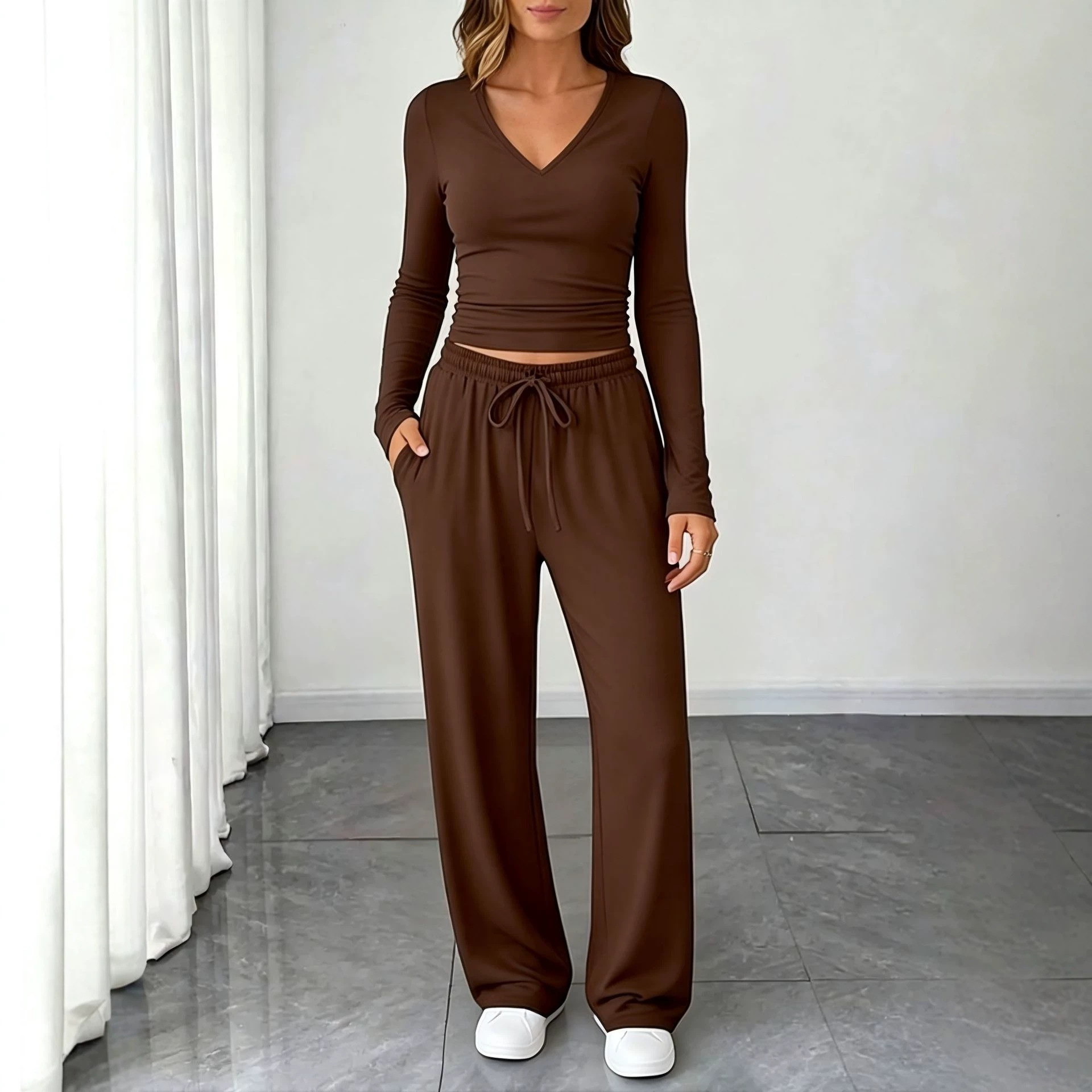 Fashionable Short-sleeve Top And Wide-leg Pants Womens Two-piece Set