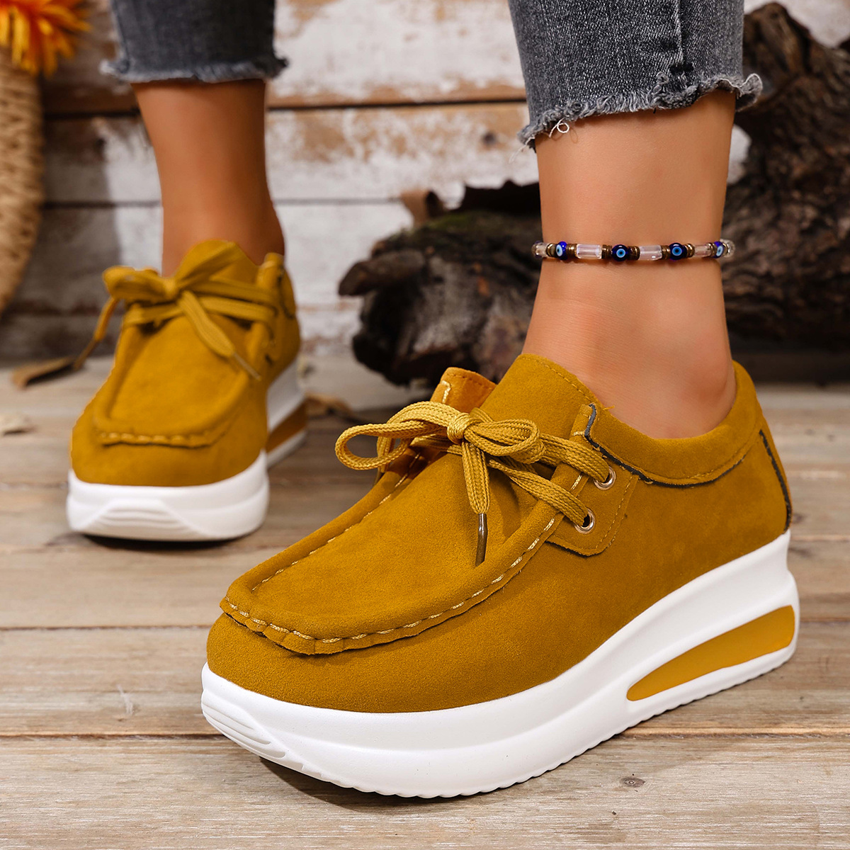 European And American-style Thick-soled Loafers With Front Laces And A Wedge Heelcasual Single-layer Shoes