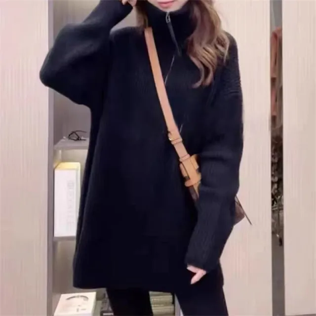 Pullover Thickened Stand Collar Sweater Coat For Women Loose Slimming Black - Shop at LoveMi