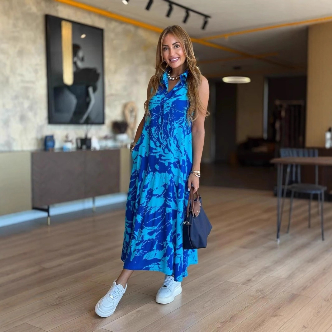 Fashion V-neck Sleeveless Printed Bohemian Dress