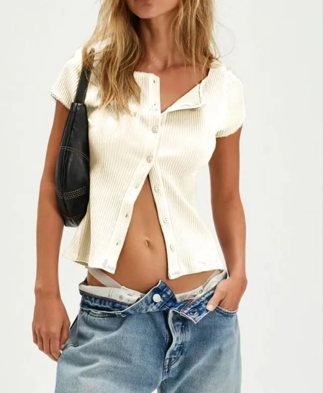 Buttoned Short sleeve Ribbed Top T shirt For Women Apricot - Shop at LoveMi