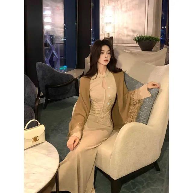 Stand Collar Embroidered Knitted Long Dress Cardigan Coat Women Suit - Shop at LoveMi