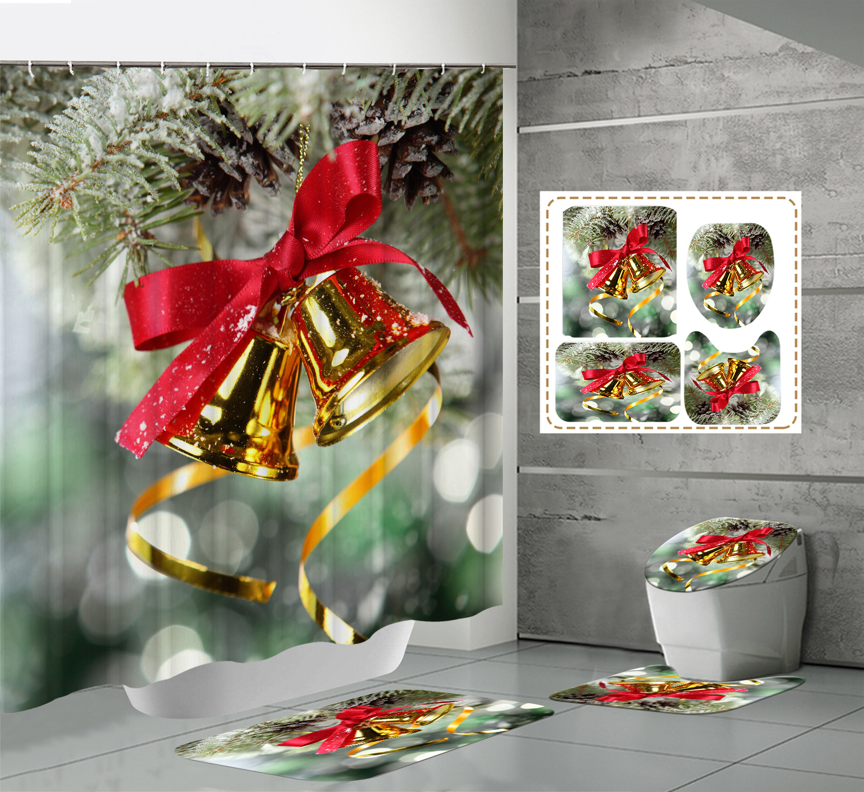 Printed Waterproof Polyester Bathroom Jingling Bell Partition Shower Curtain