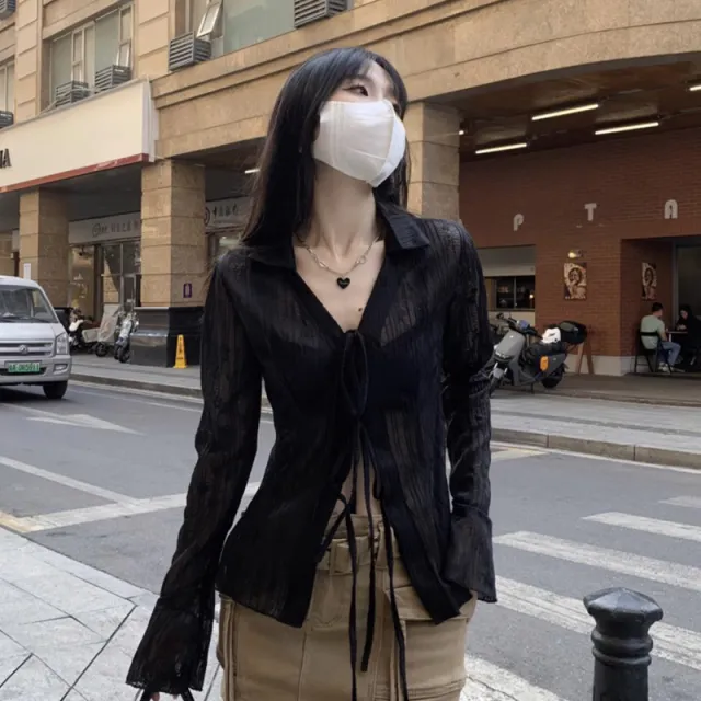 Summer Cardigan Semi See through Chiffon Lace up Air Conditioning Shirt Black - Shop at LoveMi