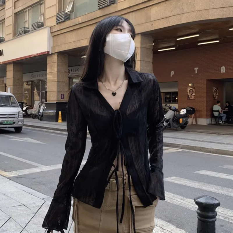 Summer Cardigan Semi See-through Chiffon Lace-up Air Conditioning Shirt - Black