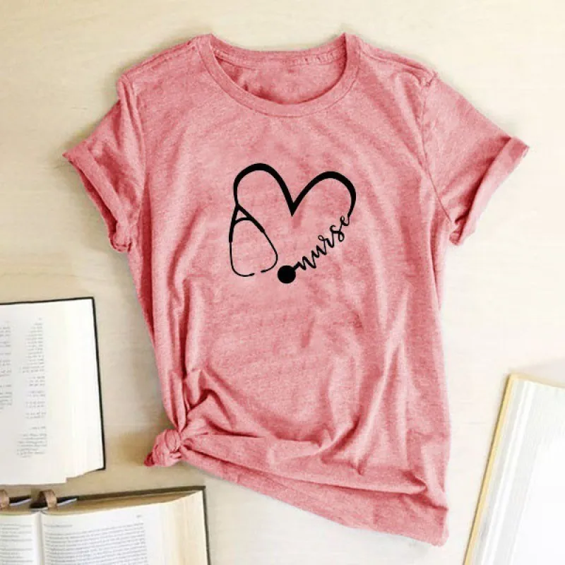 Large Size Women's Nurse Heart Casual Crew Neck Top Short Sleeve T-shirt - Pink