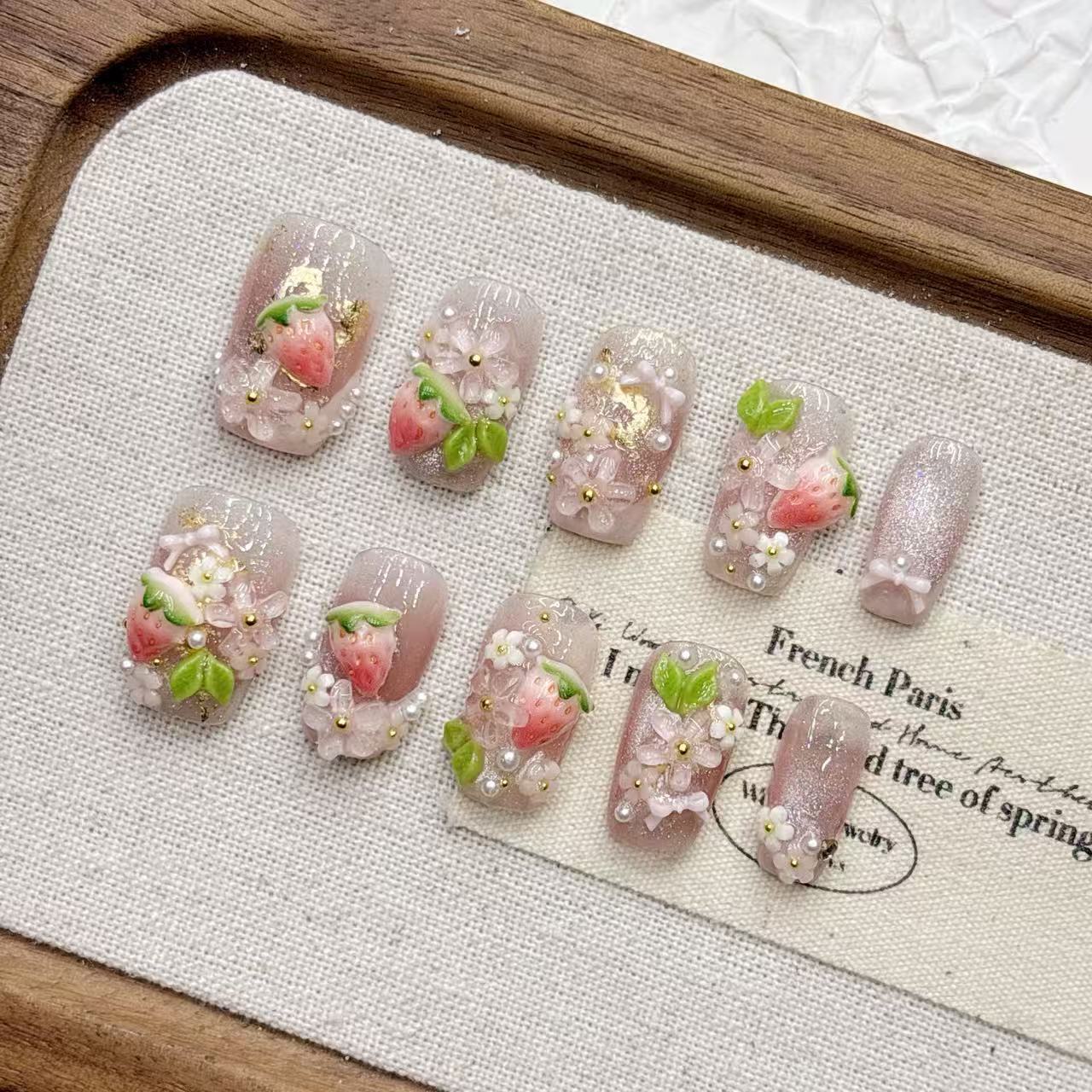 Strawberry 3D Relief Handcrafted Wearable Nail Tips