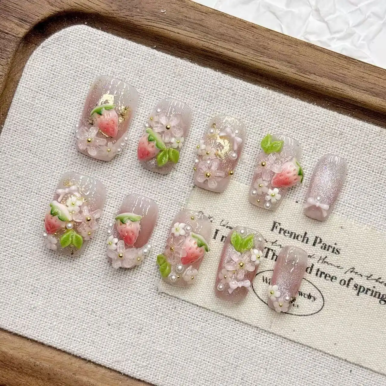 Strawberry 3D Relief Handcrafted Wearable Nail Tips