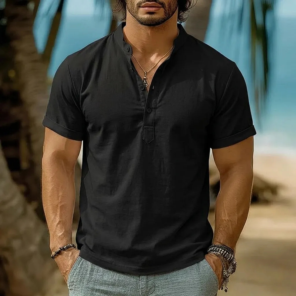 Mens Tie-Dye Button-Down Short-Sleeve Stand-Collar Shirt