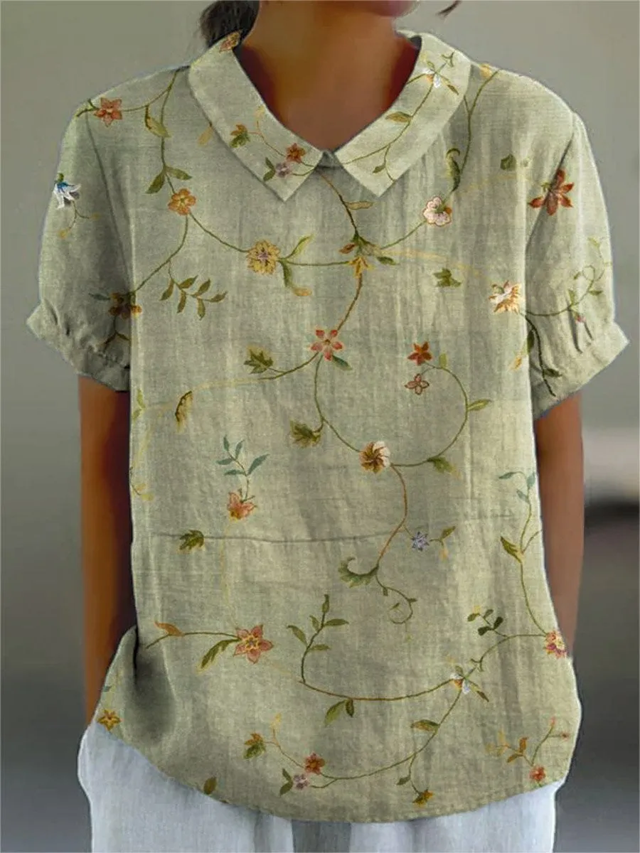 Women's Floral Stitching National Style Printing Lapel Short Sleeve - G