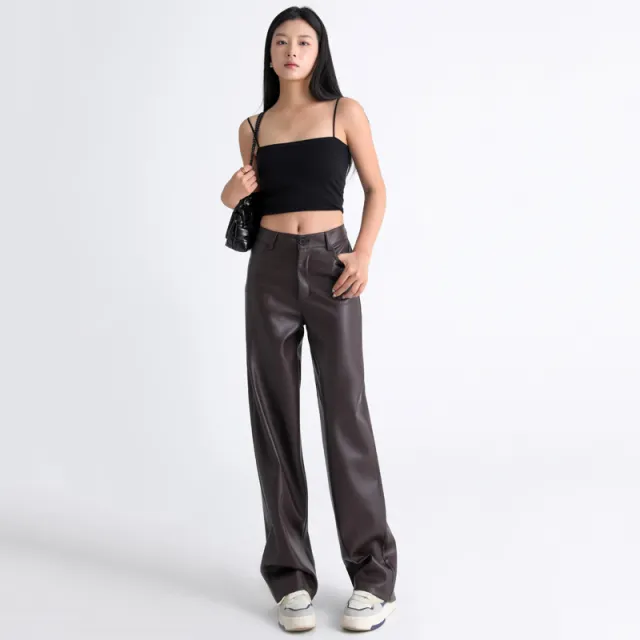 American PU Leather Pants Women's High Waist Slimming Drape Casual Straight Pants Brown Common Style - Shop at LoveMi