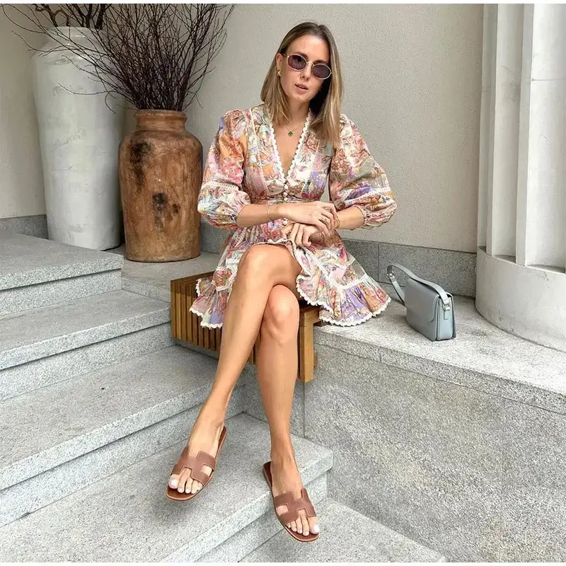 Vintage Single-breasted Printed Mini Dress