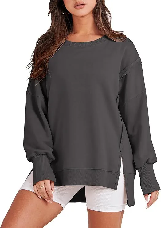 Round Neck Long Sleeve Top Female Frayed Hem Split Patchwork Sweater Dark Gray - Shop at LoveMi