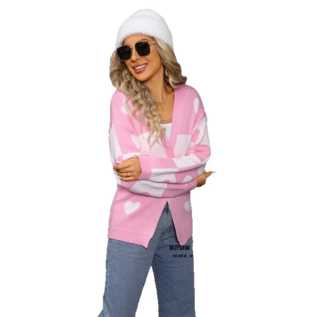 Heart Peach Knitted Cardigan Heart V neck Coat Pink - Shop at LoveMi
