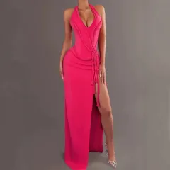 European And American Super Spicy Sexy Lines Hollow High Slit Dress - Pink - View 1