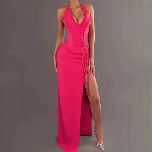 European And American Super Spicy Sexy Lines Hollow High Slit Dress Pink - Shop at LoveMi