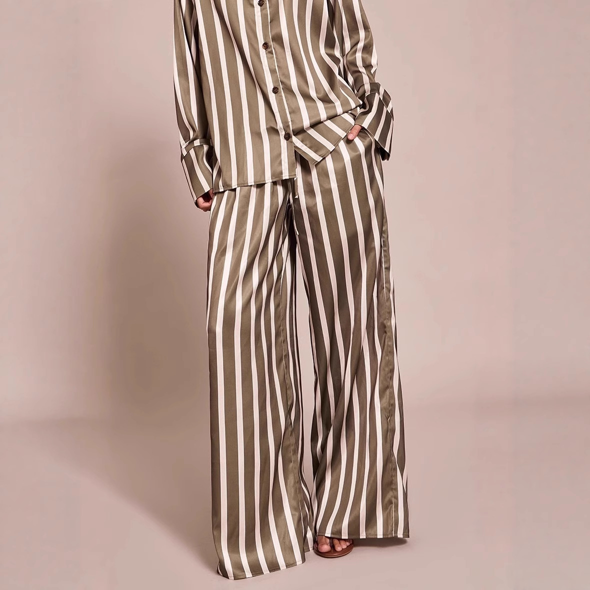 Long Sleeve Polo Collar Stripes Shirt Loose Shirt Trousers Two-piece Home Wear
