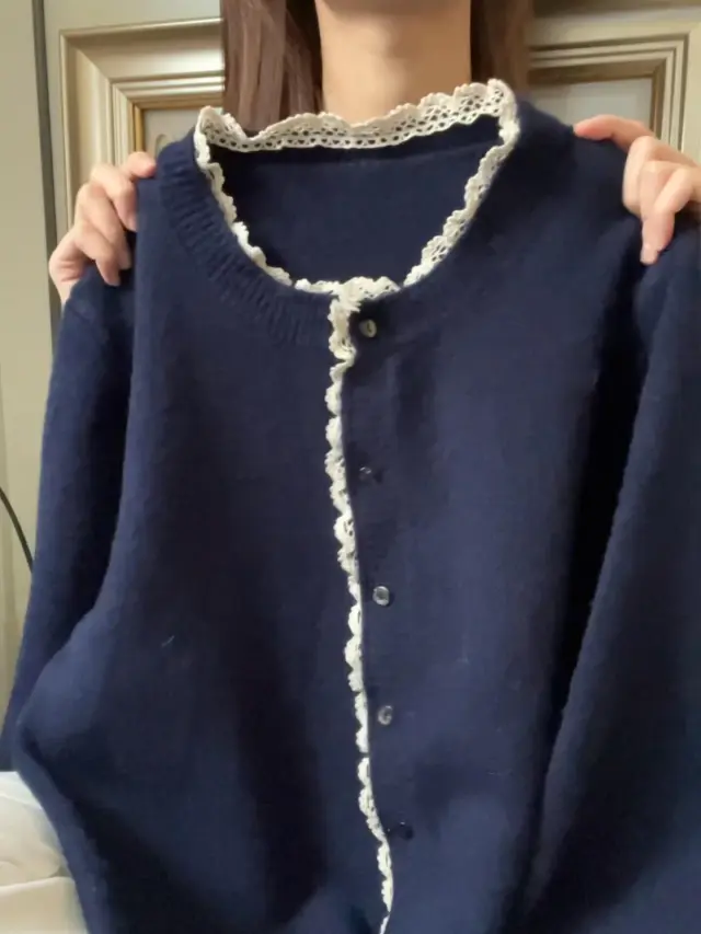 Korean Style Early Autumn Atmosphere Wear Sweater Cardigan Top Navy Blue - Shop at LoveMi