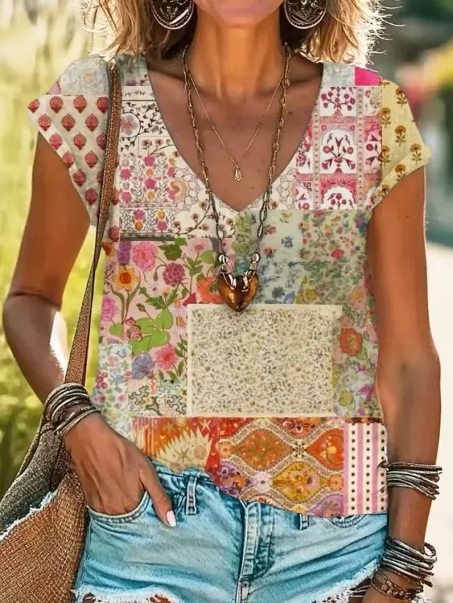 Casual Loose Fashion Digital Printing Multi color Short Sleeve Women 2Figure - Shop at LoveMi