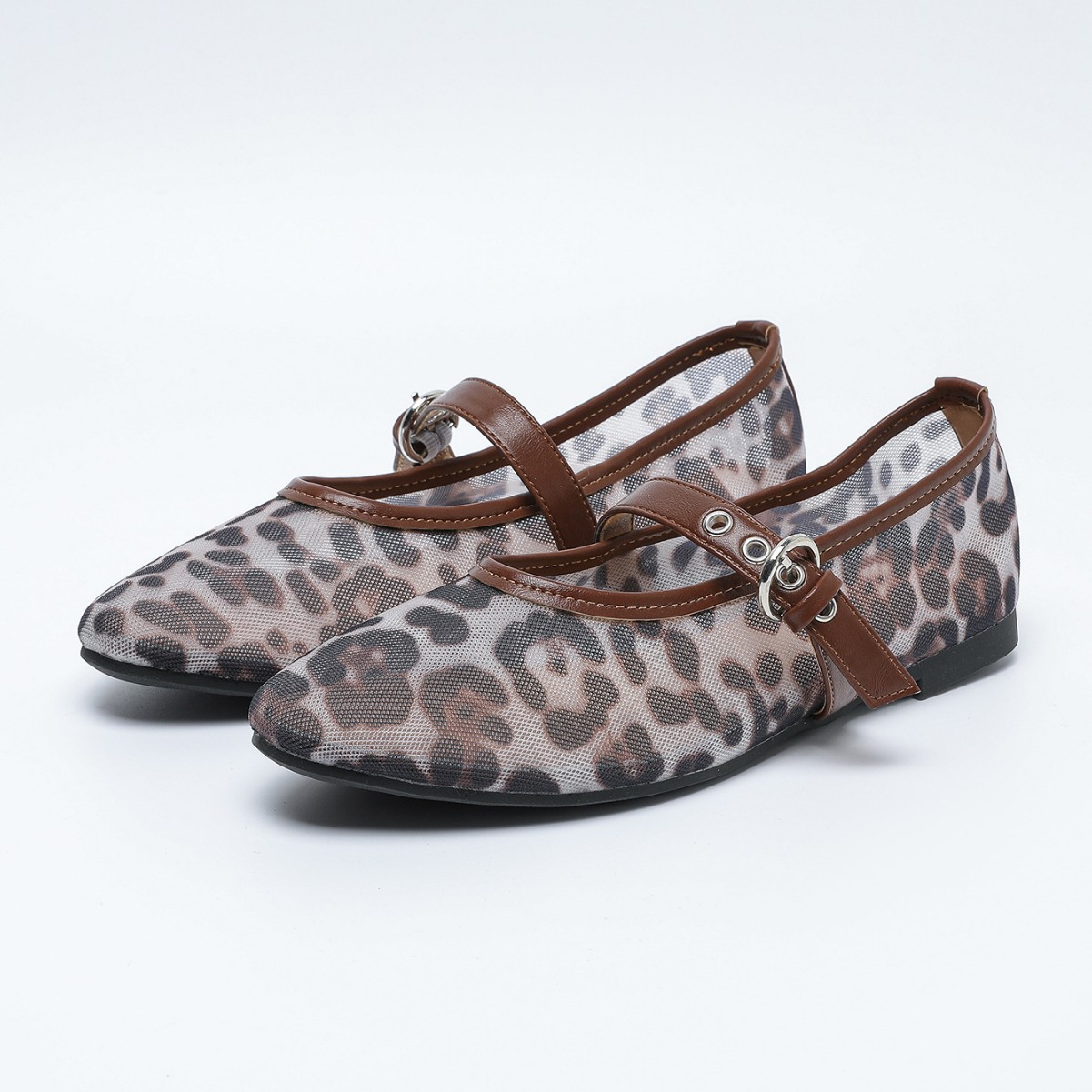 Mesh Leopard-print Slingback Round-toe Flats