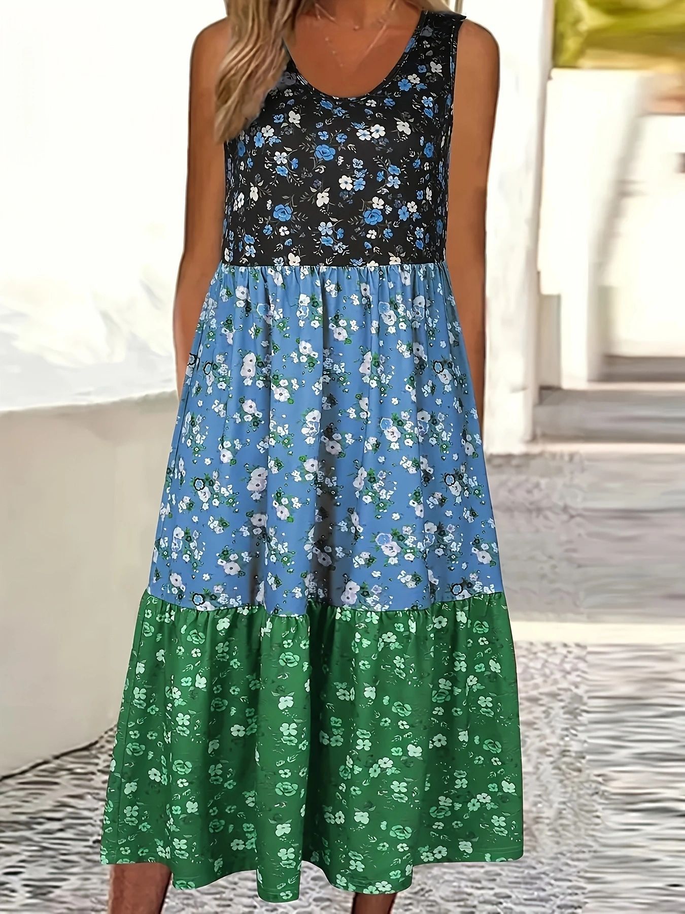 Spring And Summer Digital Printing Mid length Loose Casual Vest Dress Green - Shop at LoveMi