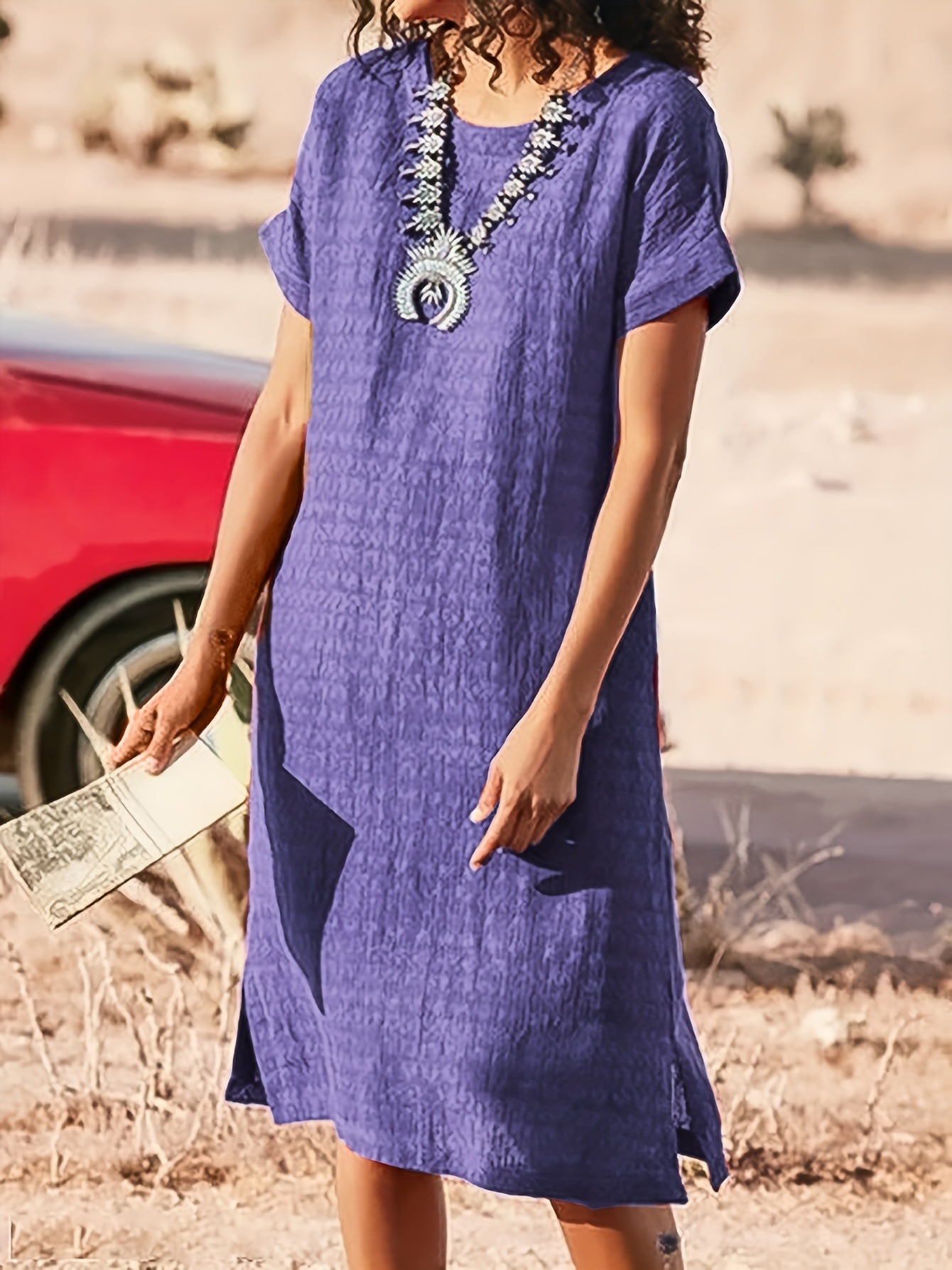 Round Neck Short Sleeve Split Fold Split Dress Purple - Shop at LoveMi