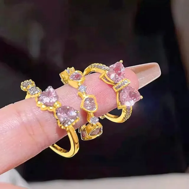 Three piece Set Colored Zirconia Heart Butterfly Ring For Women 04 Imitation Gold Pink 11259 - Shop at LoveMi