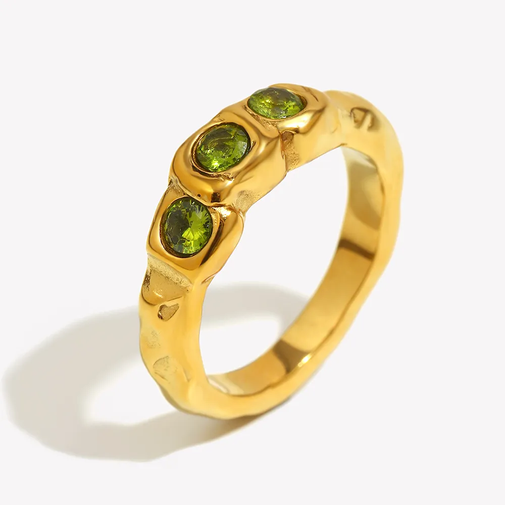 Stainless Steel Jewelry Plated With 18K Gold And Three Zirconia Thin Ring - Golden Green