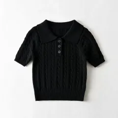 Women's Retro Three-button Pullover Short-sleeved Top - Black - View 1