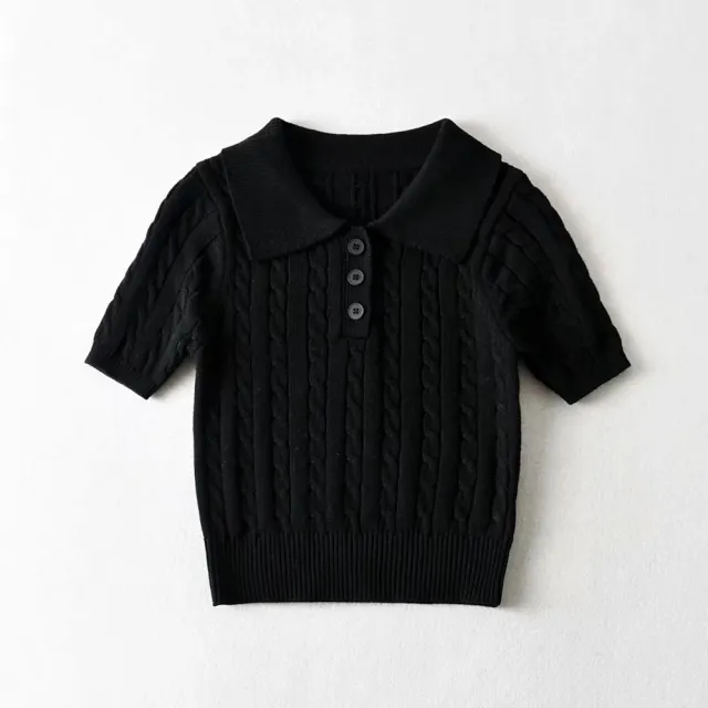 Women's Retro Three button Pullover Short sleeved Top Black - Shop at LoveMi