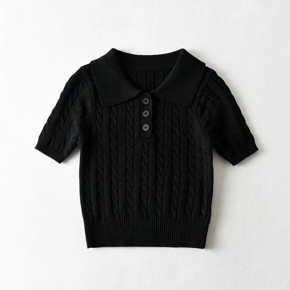 Women's Retro Three-button Pullover Short-sleeved Top - Black