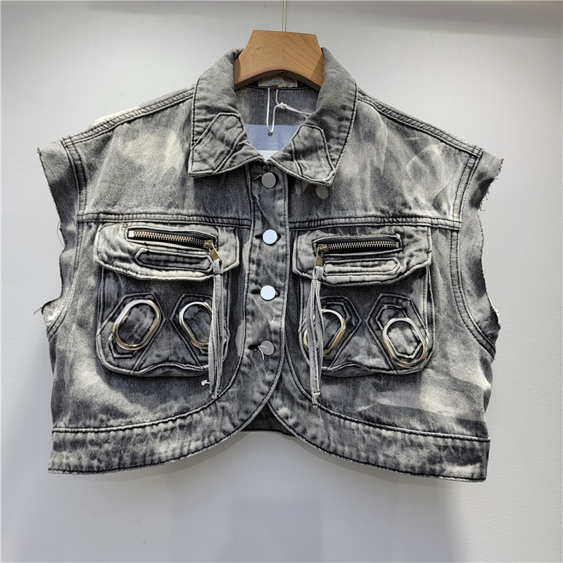 Retro Washed Distressed Workwear Short Sleeveless Denim Vest Coat For Women