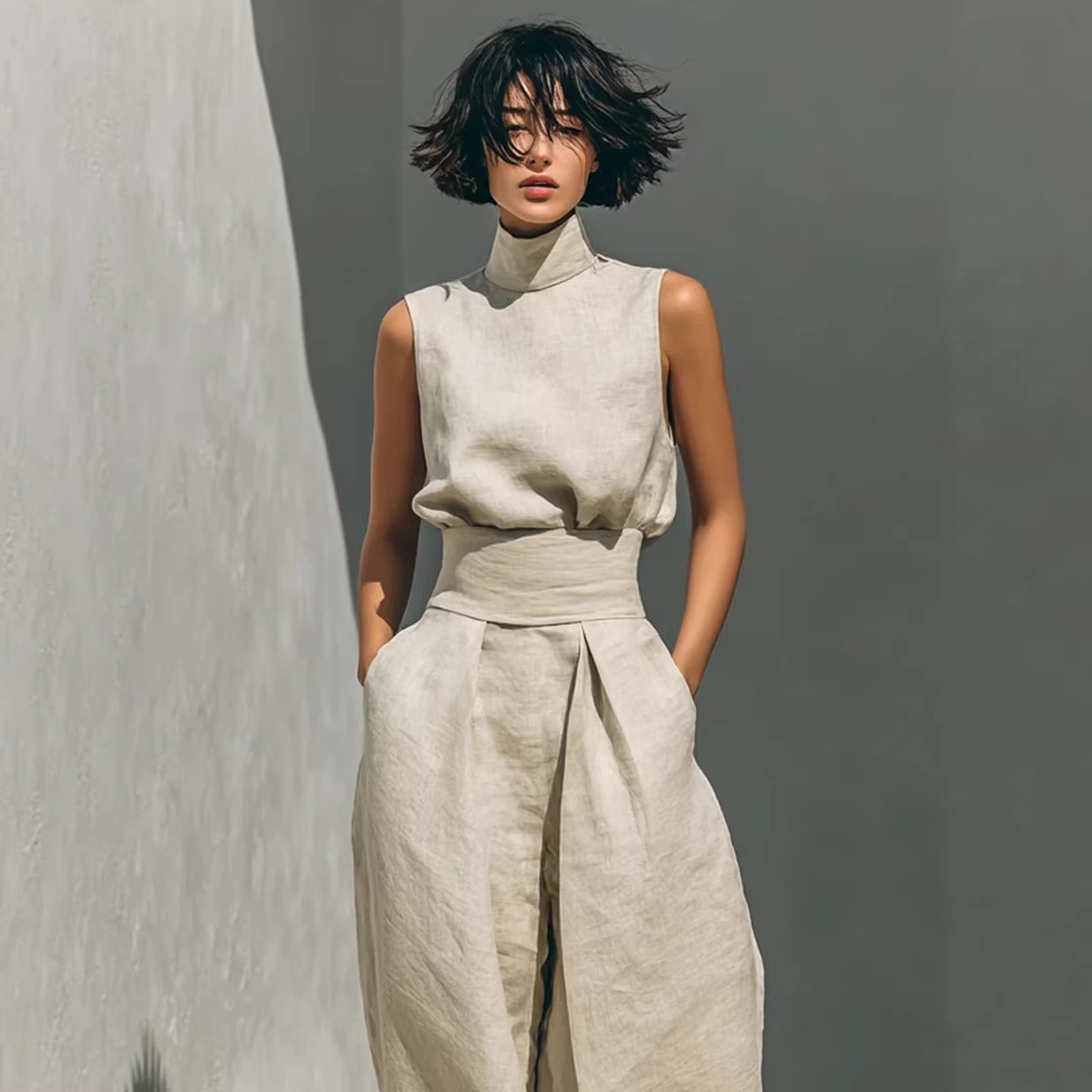 Womens Cotton-Linen Blend Sleeveless Top And Wide-Leg Pants Set