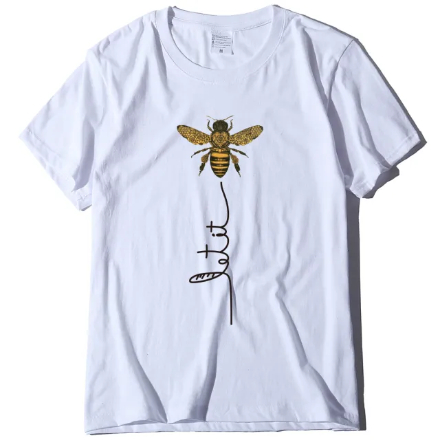 Bee And Letter Print Pattern Women's Loose T shirt Light Green - Shop at LoveMi