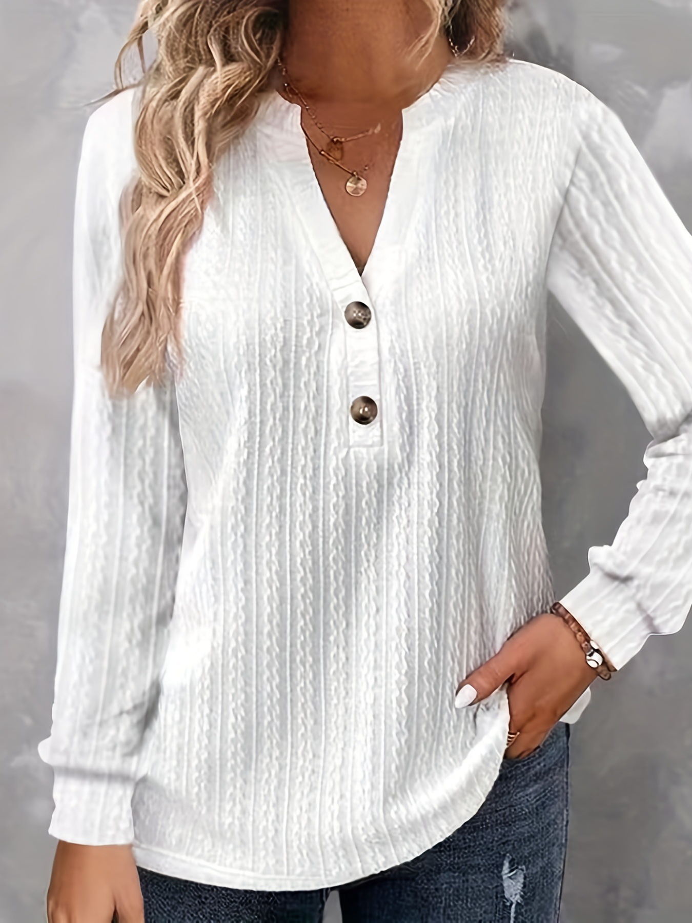 Women's V neck Long Sleeve Stitching Button Design Solid Color T shirt For Women White - Shop at LoveMi