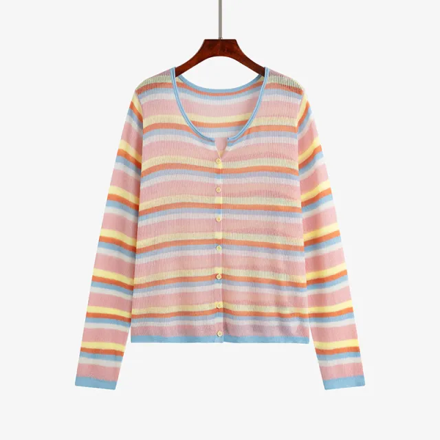 Plus Size Round Neck Color Striped Shirt Women's Thin Top Pink Striped - Shop at LoveMi