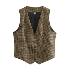 Single-breasted Short Contrast Colour Houndstooth Vest Jacket - As Shown In The Figure - View 1