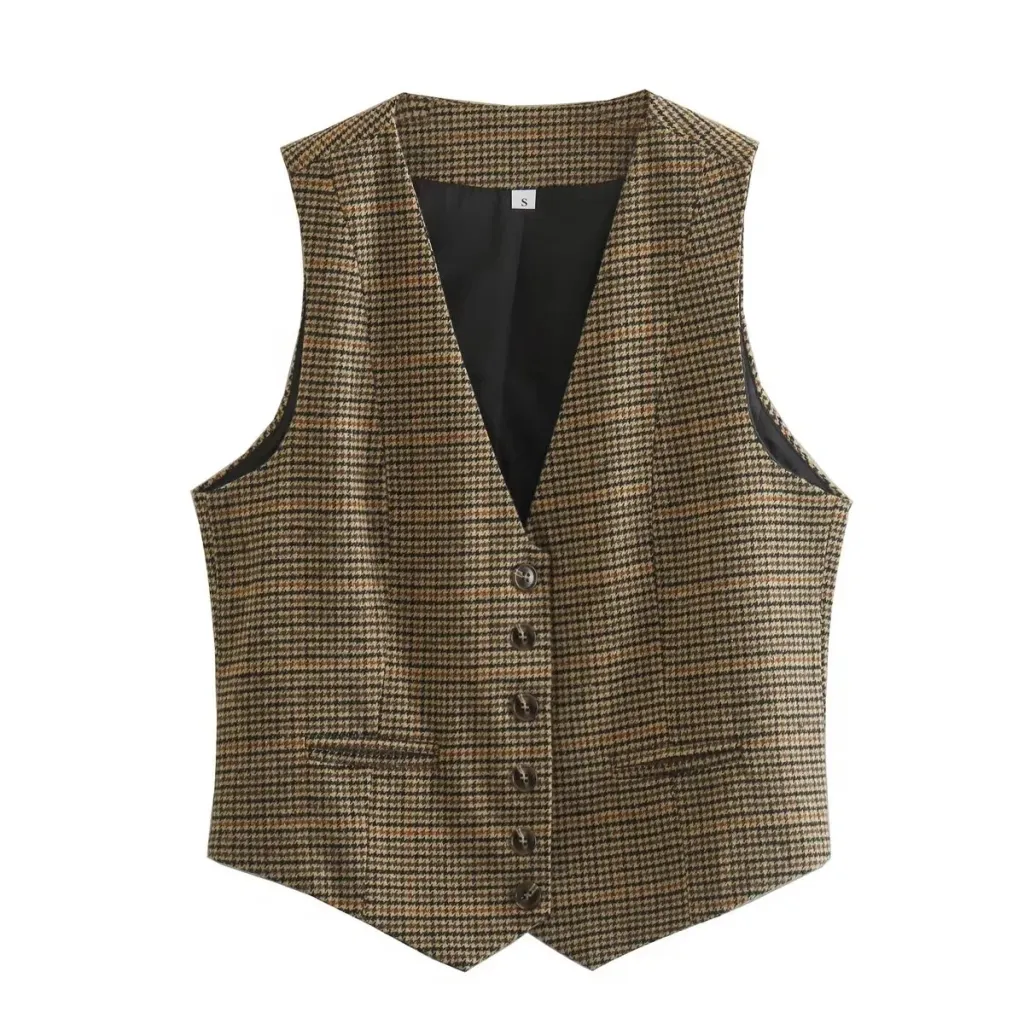 Single-breasted Short Contrast Color Houndstooth Vest Jacket - As Shown In The Figure
