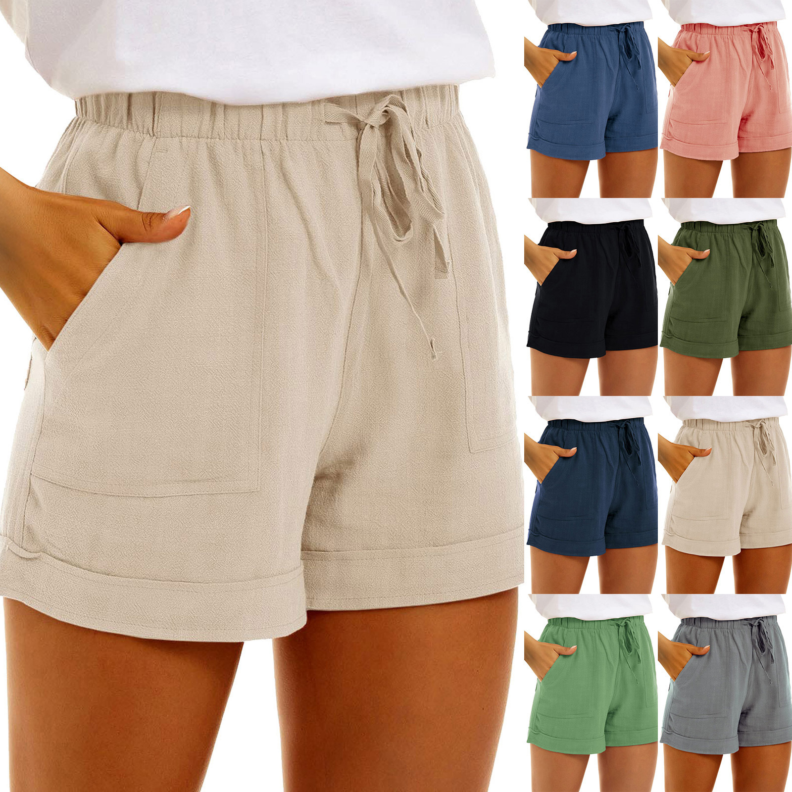 Womens Solid-Color Cotton-Linen Pocketed Drawstring High-Waist Casual Shorts