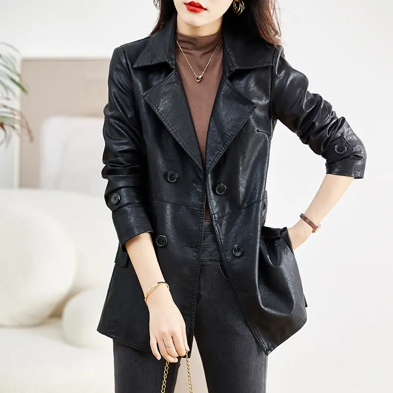 Women's Mid-length Leather Coat Spring and Autumn