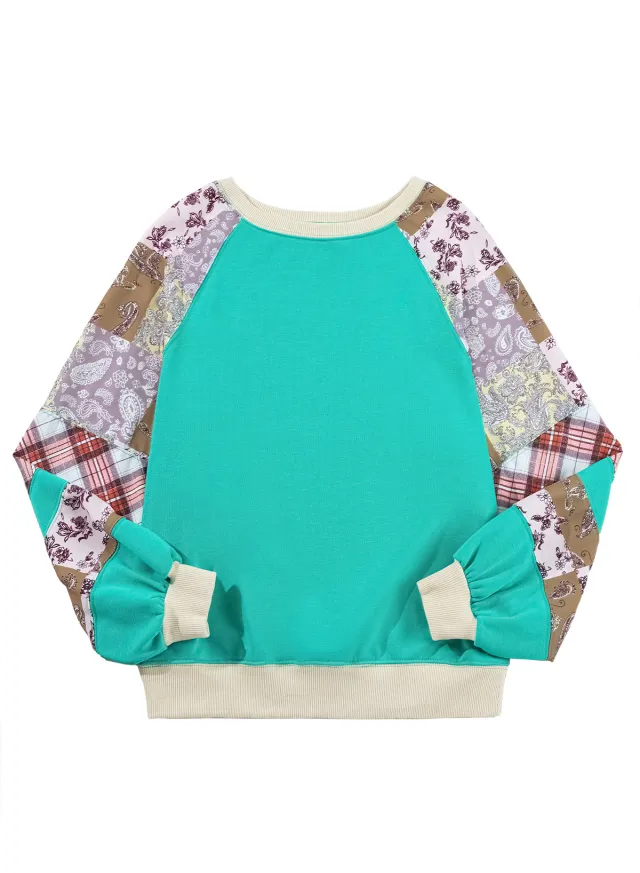 Floral Patchwork Loose Round Neck Sweater Casual Loose Sky Blue - Shop at LoveMi
