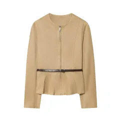 Denim Leather Short Skirt Hem Jacket - Khaki - View 1
